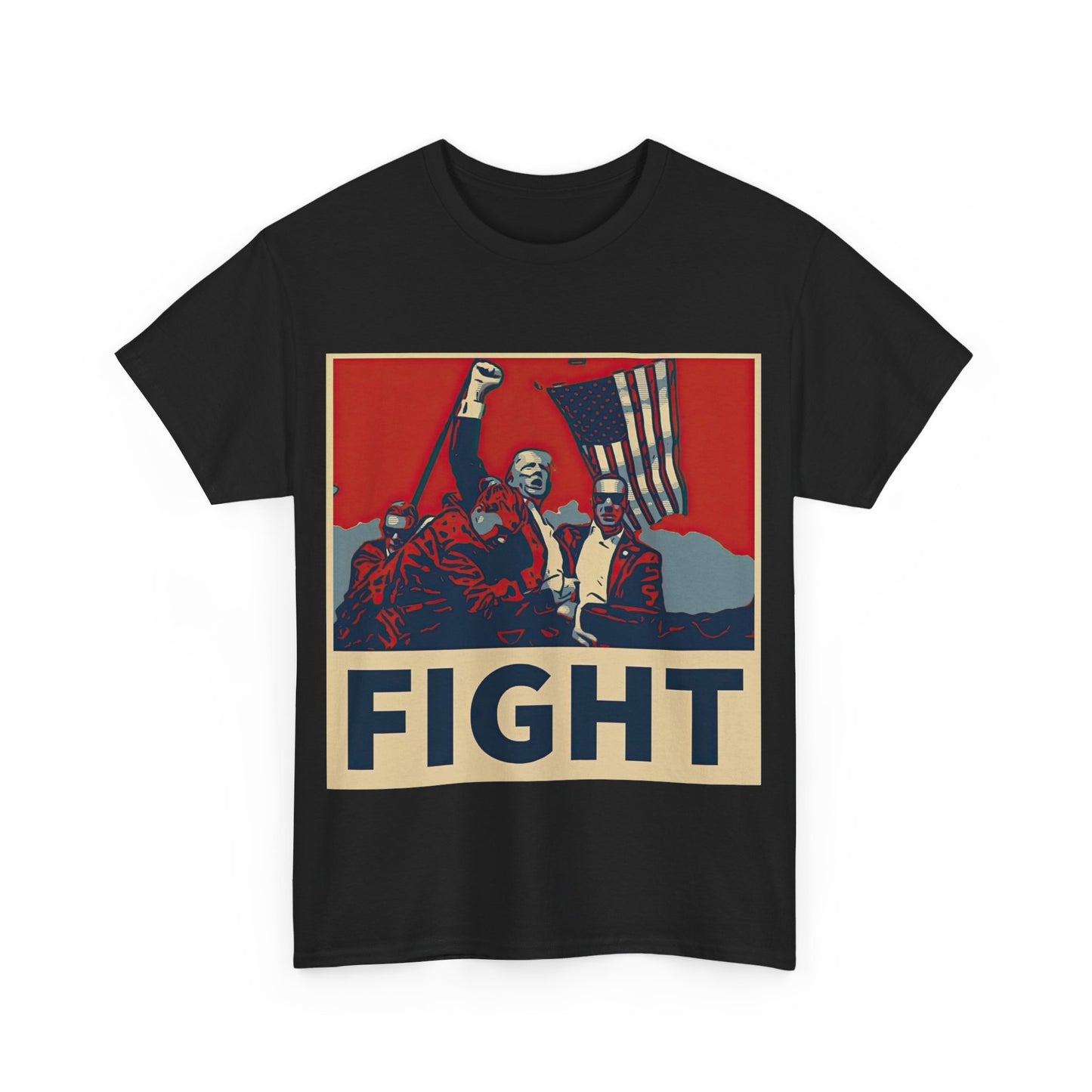 This image shows a black, unisex, heavy cotton t-shirt with a graphic design on the front. The design features a stylized, poster-like illustration of former President Donald Trump raising his fist and standing in front of an American flag. The word “FIGHT” is prominently displayed at the bottom of the illustration in bold capital letters. The graphic uses a color palette reminiscent of red, white, and blue, contributing to a patriotic theme. The t-shirt is displayed on a plain white background.