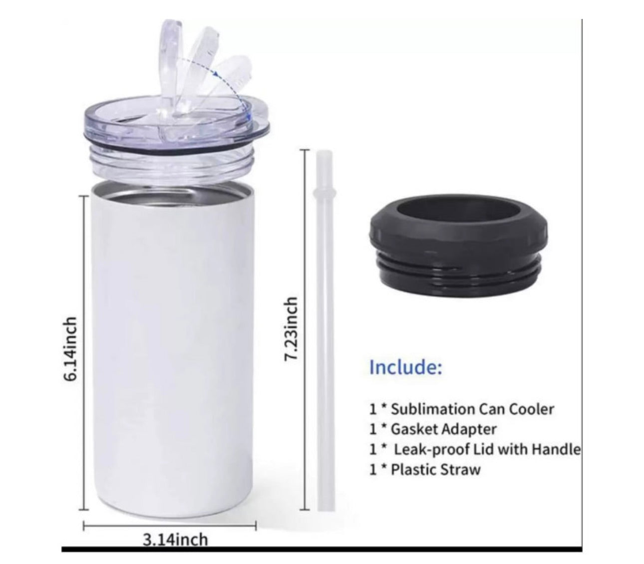 This image features a 16 oz 4-in-1 customizable can cooler. The cooler is white with a smooth finish and comes with two different lids: one is a clear handle to convert it to a tumbler. The other lid is a black screw top to secure your drinks and keep them cold. The can cooler is shown in two configurations, highlighting its versatility and customizable design. It is displayed against a plain white background.