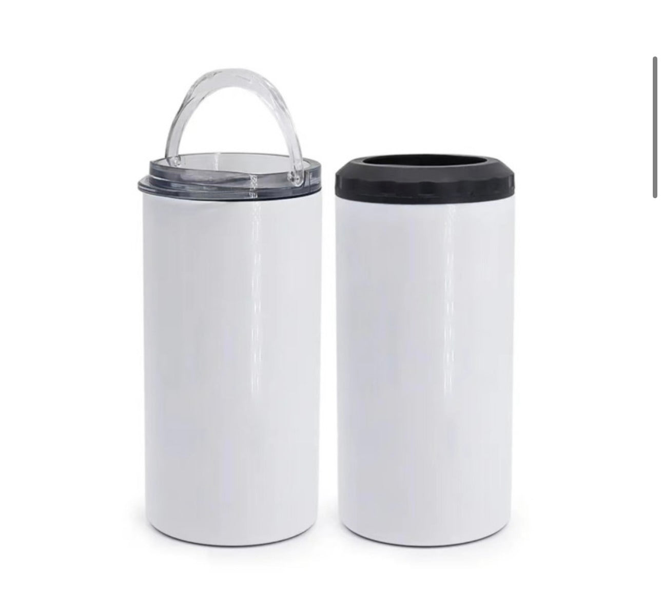 This image features a 16 oz 4-in-1 customizable can cooler. The cooler is white with a smooth finish and comes with two different lids: one is a clear handle to convert it to a tumbler. The other lid is a black screw top to secure your drinks and keep them cold. The can cooler is shown in two configurations, highlighting its versatility and customizable design. It is displayed against a plain white background.