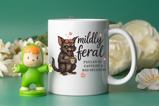 Mug with sassy raccoon and the words 'mildly feral' and fueled by caffeine & bad decisions' and a scattering of pink flowers design, accompanied by a small figurine on a decorative background.