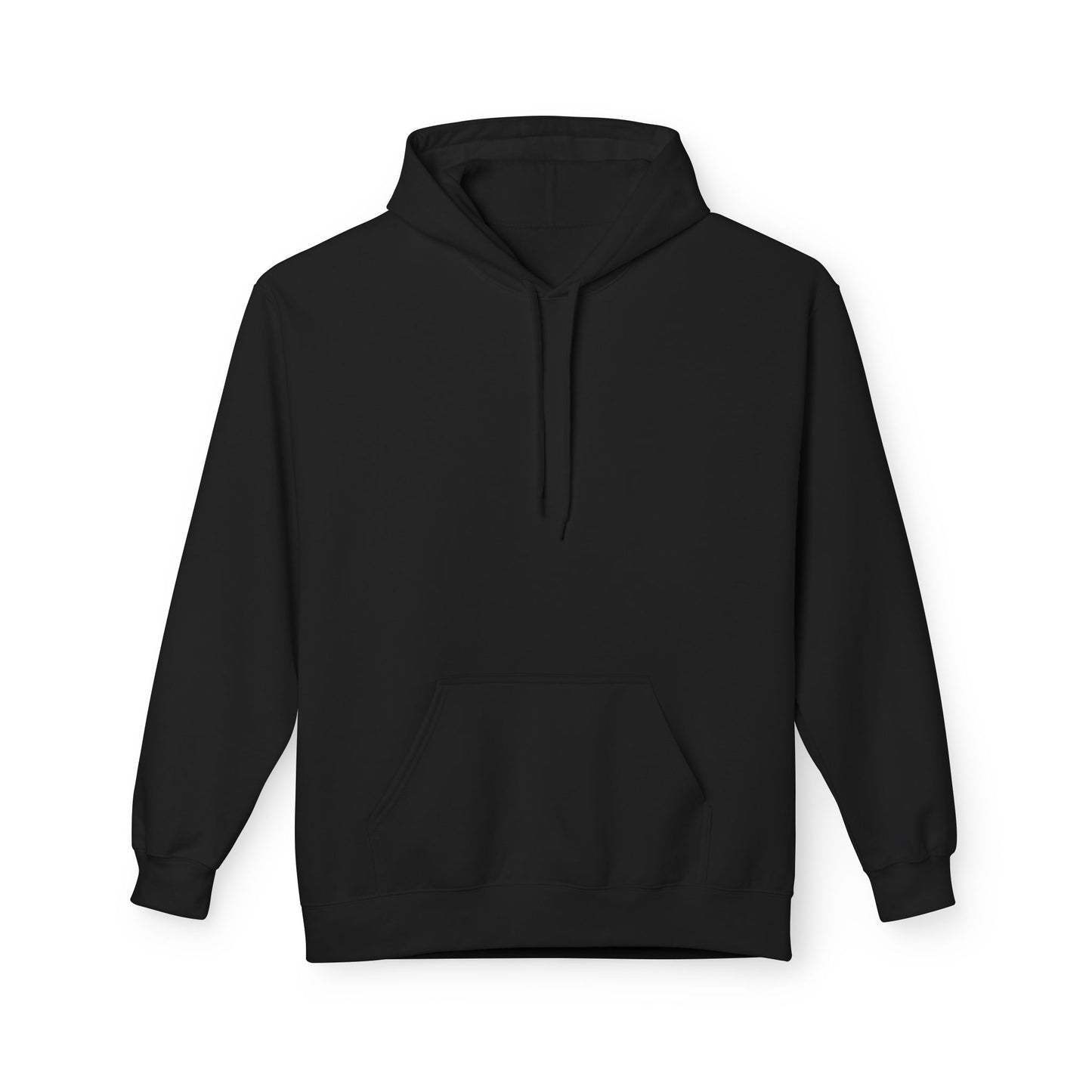 Black pullover hoodie shown from the front with no design, drawstring hood, and front kangaroo pocket.