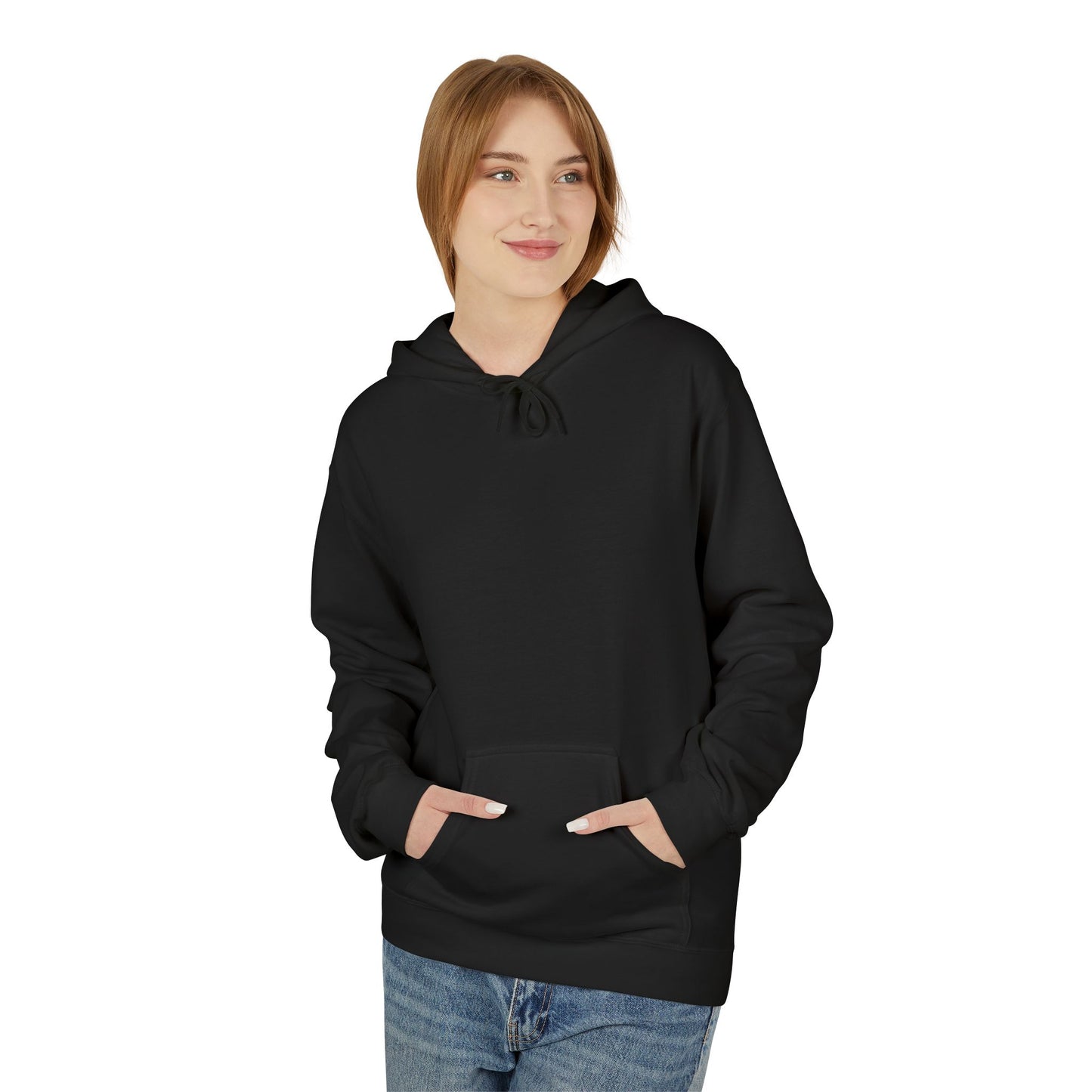 Black pullover hoodie worn by a model, shown from the front with no design, drawstring hood, and front kangaroo pocket.