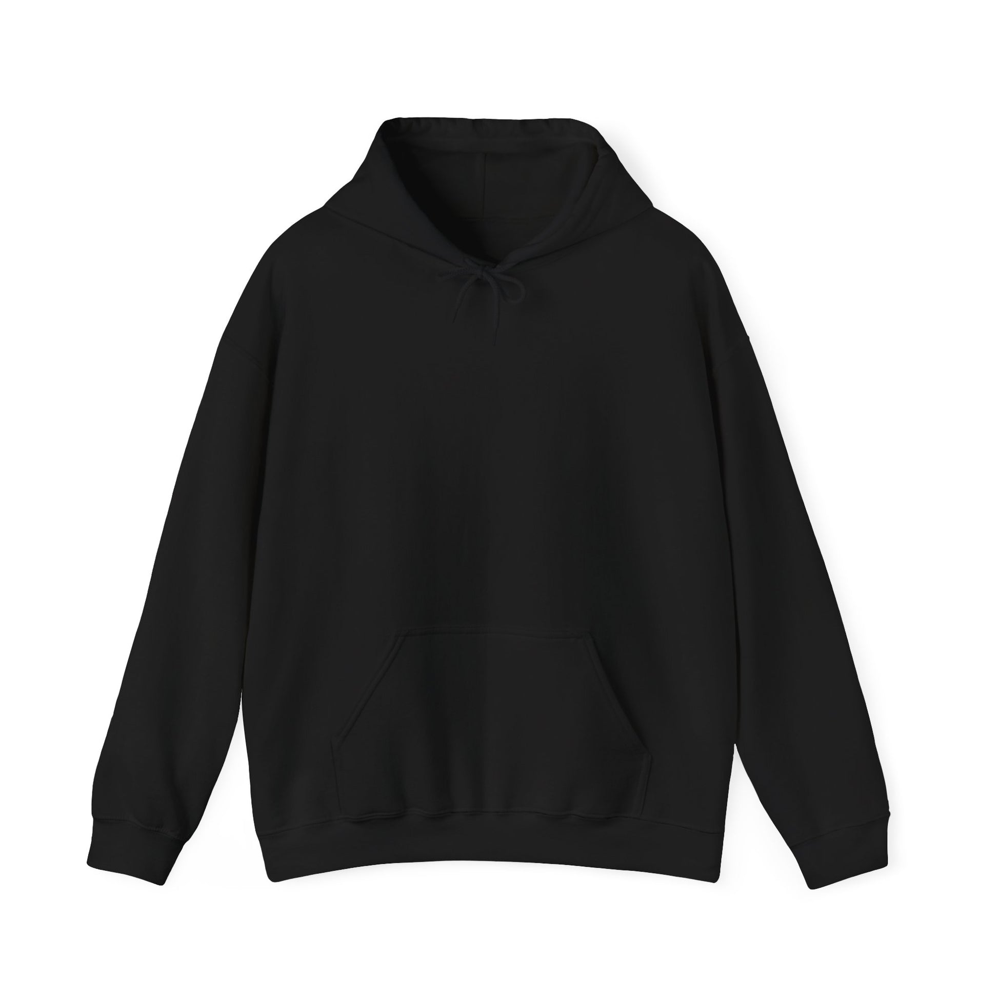 A black pullover hoodie shown from the front with no design, a drawstring hood, and a front kangaroo pocket.