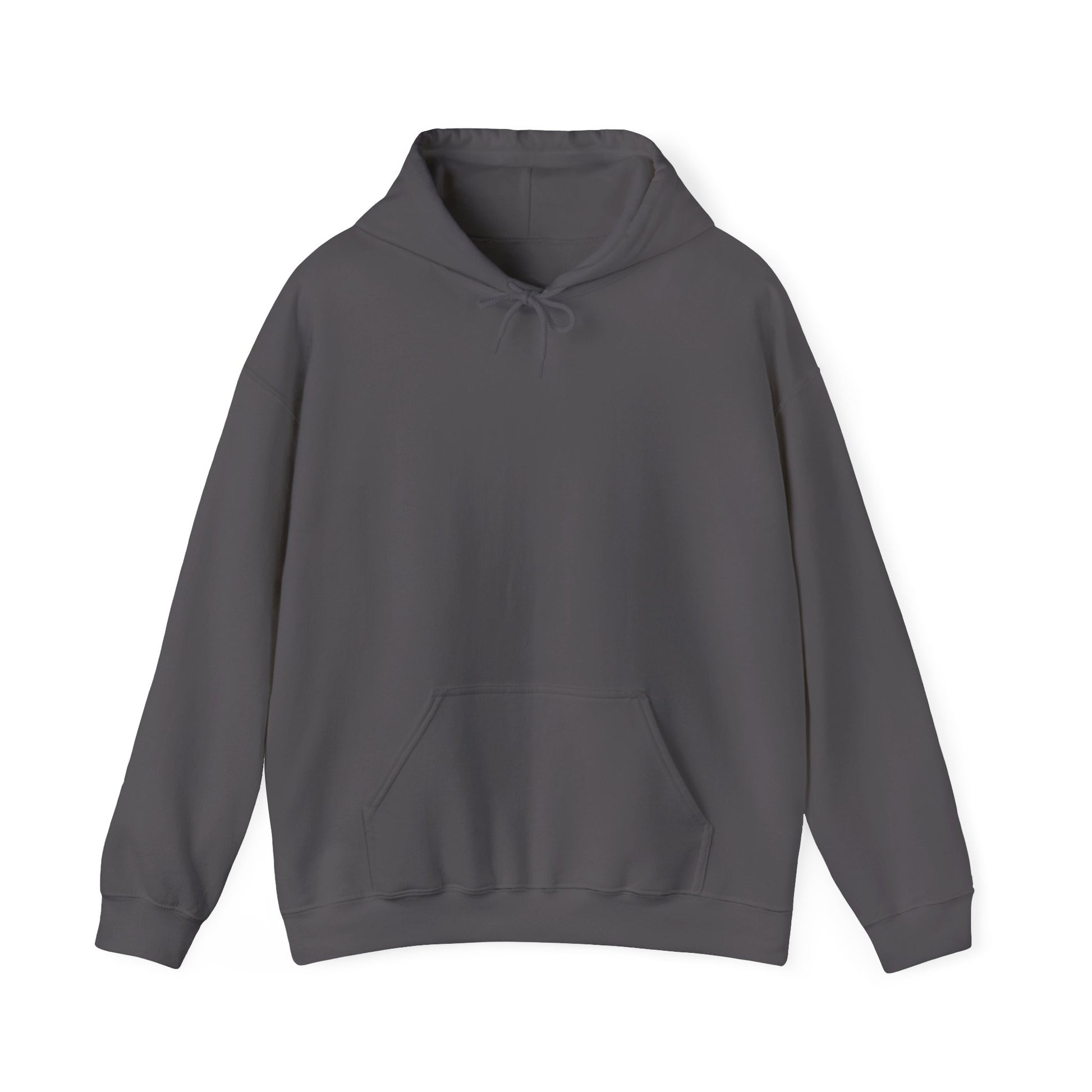 A charcoal colored pullover hoodie shown from the front with no design, a drawstring hood, and a front kangaroo pocket.