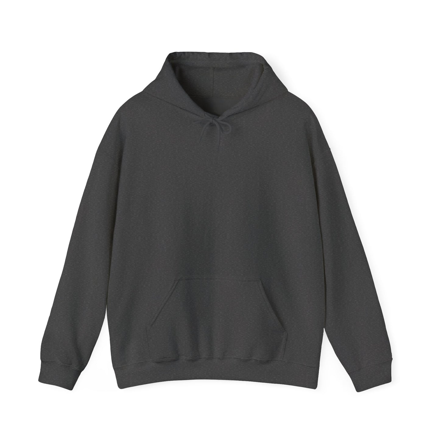A dark heather colored pullover hoodie shown from the front with no design, a drawstring hood, and a front kangaroo pocket.