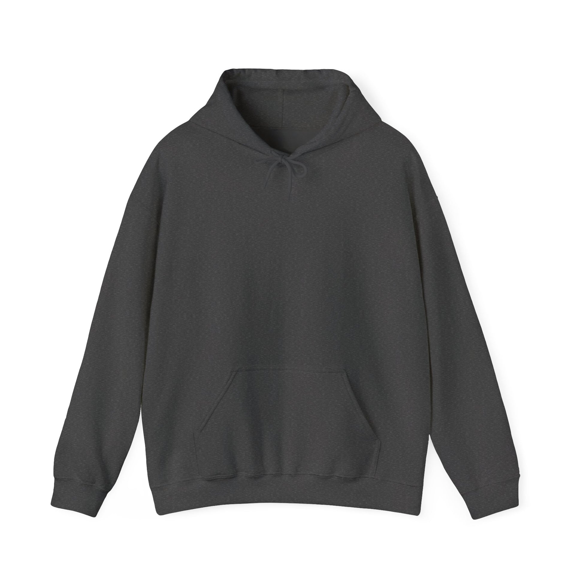 A dark heather colored pullover hoodie shown from the front with no design, a drawstring hood, and a front kangaroo pocket.