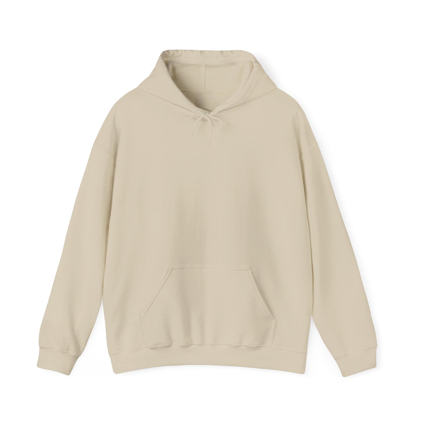 Sand-colored pullover hoodie shown from the front with no design, drawstring hood, and front kangaroo pocket.