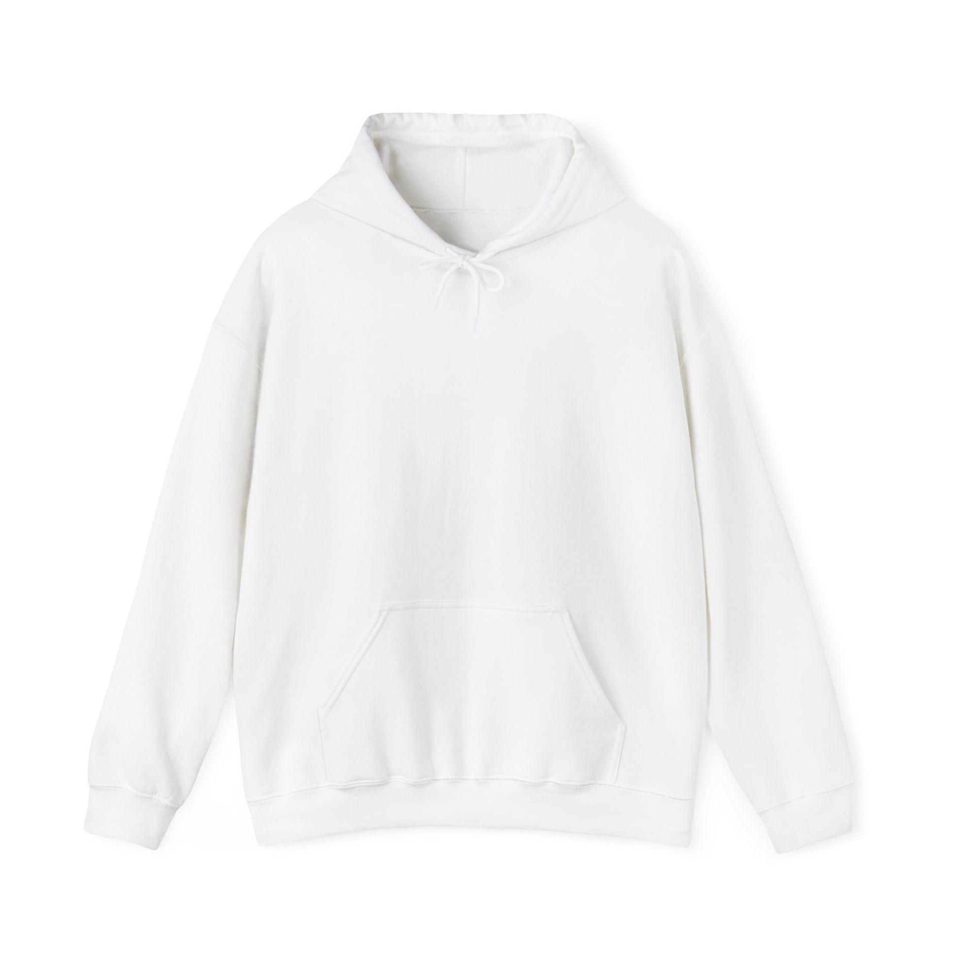 A White pullover hoodie shown from the front with no design, a drawstring hood, and a front kangaroo pocket.