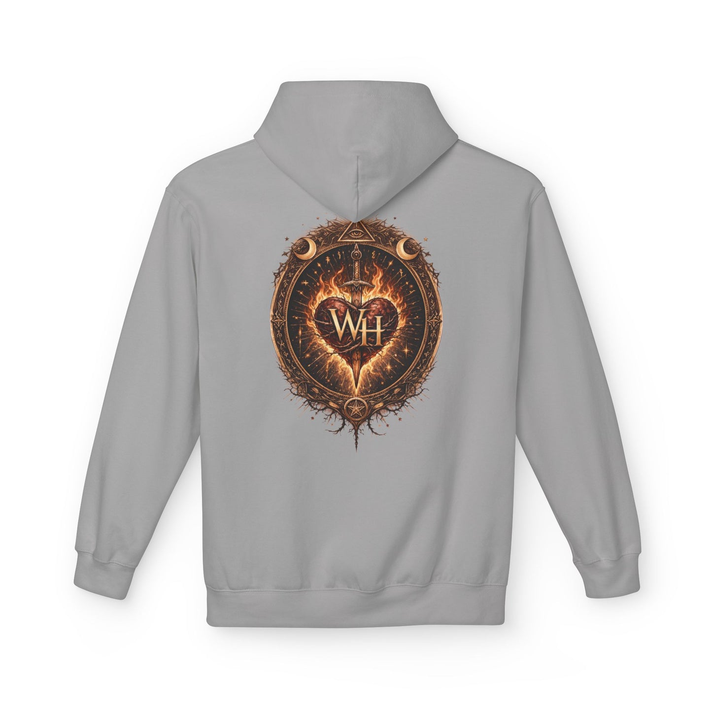 Cement-colored pullover hoodie shown from the back, featuring a large circular “Wild Heart” mystical crest with a flaming heart, sword, crescent moons, stars, and “WH” monogram in warm brown and orange tones.