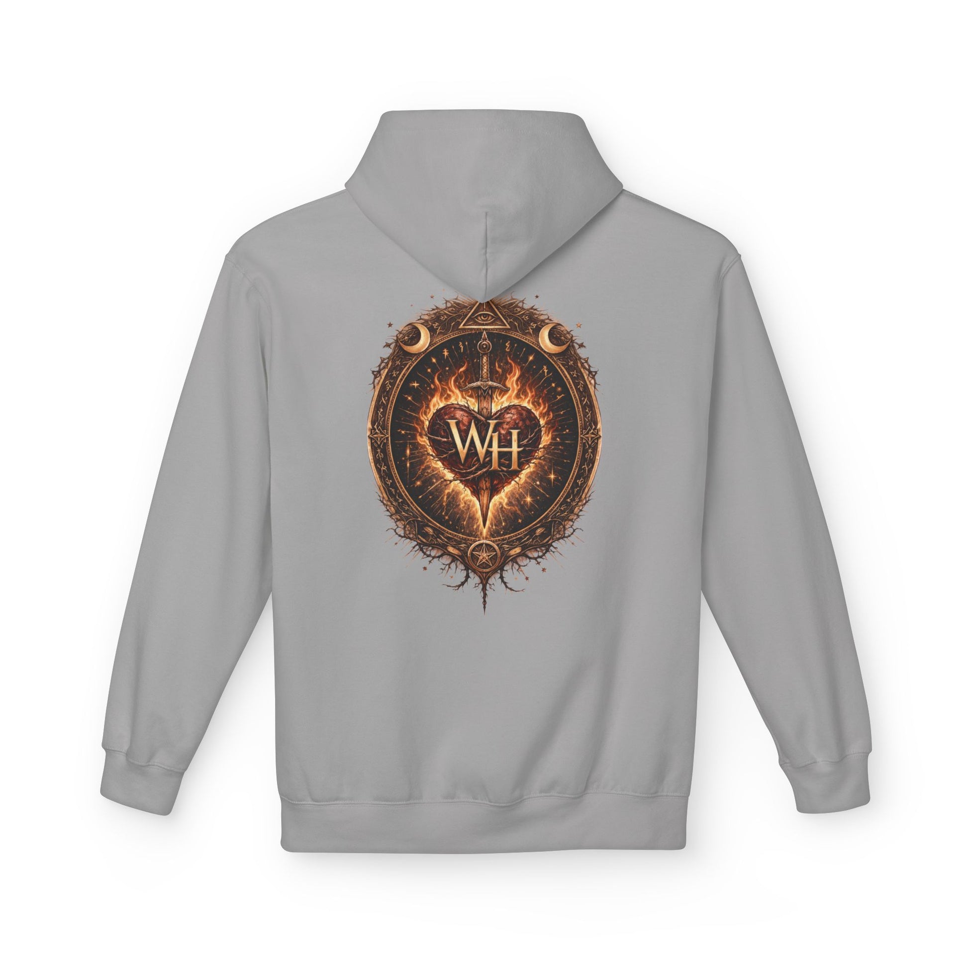 Cement-colored pullover hoodie shown from the back, featuring a large circular “Wild Heart” mystical crest with a flaming heart, sword, crescent moons, stars, and “WH” monogram in warm brown and orange tones.