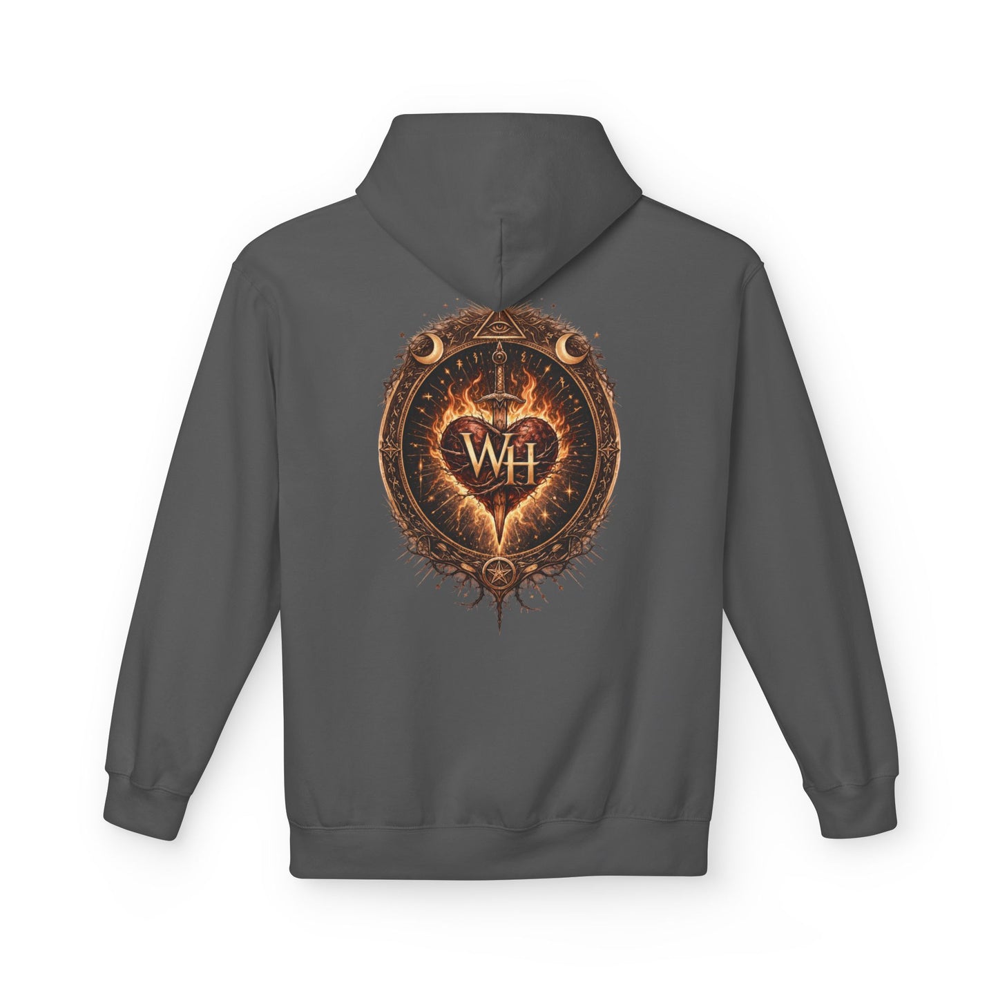 Charcoal-colored pullover hoodie shown from the back, featuring a large circular “Wild Heart” mystical crest with a flaming heart, sword, crescent moons, stars, and “WH” monogram in warm brown and orange tones.