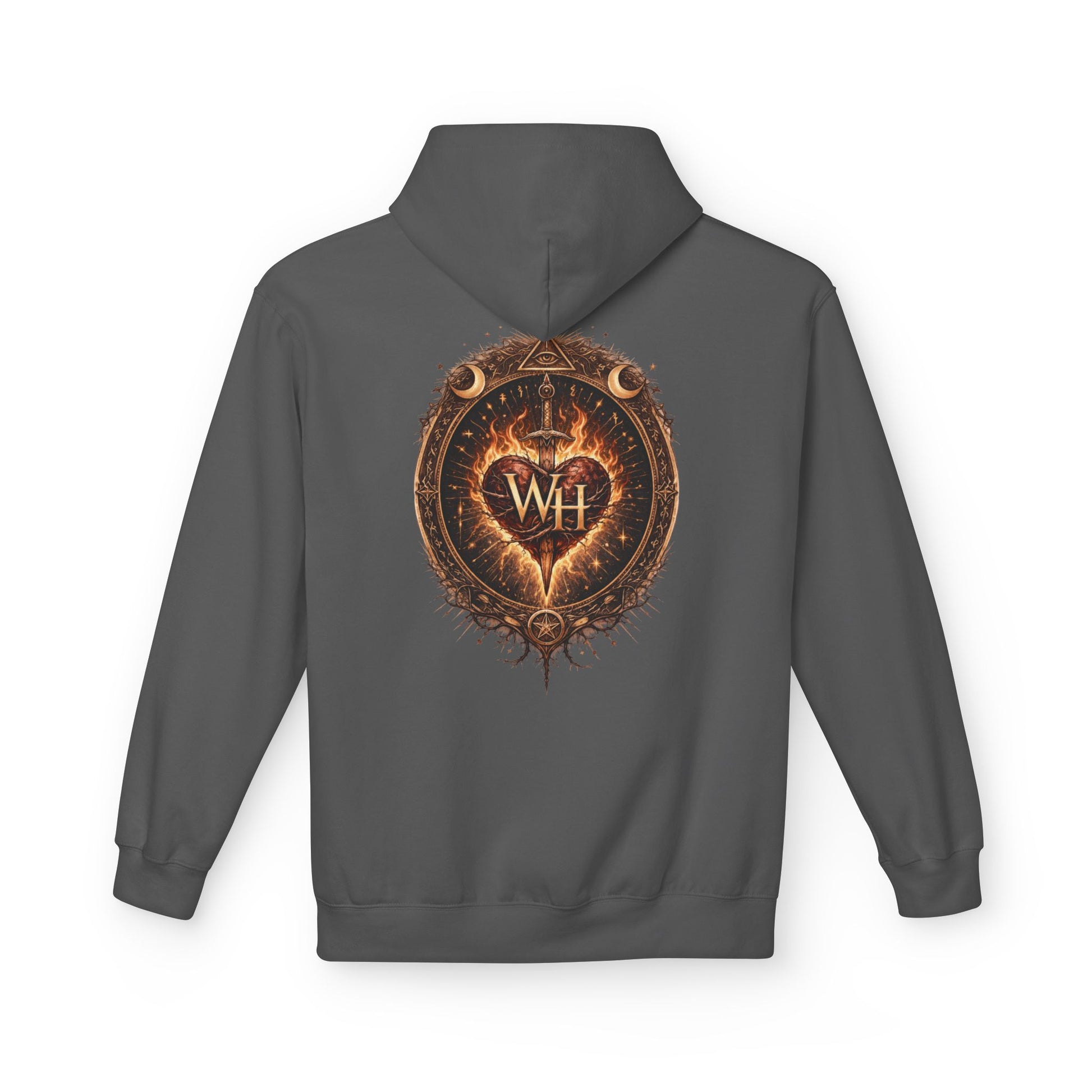 Charcoal-colored pullover hoodie shown from the back, featuring a large circular “Wild Heart” mystical crest with a flaming heart, sword, crescent moons, stars, and “WH” monogram in warm brown and orange tones.