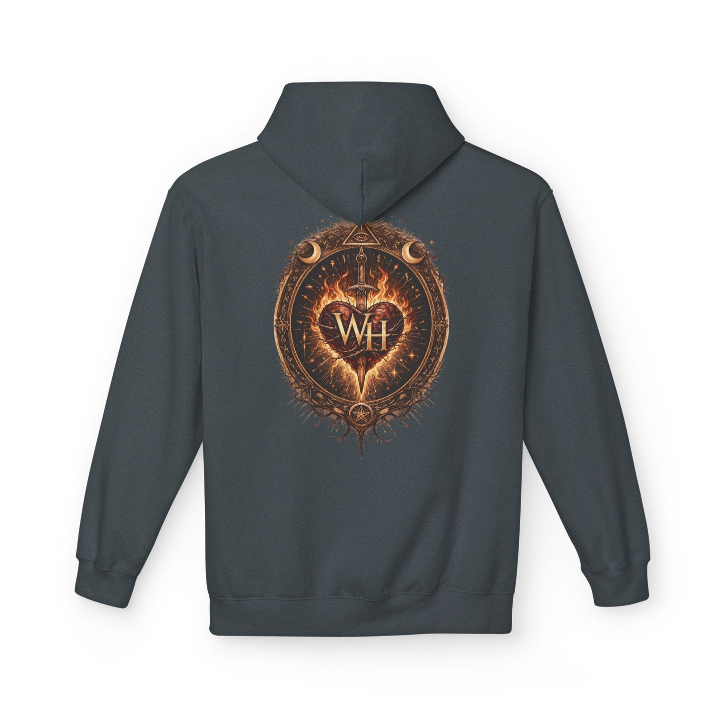 Dark Heather-colored pullover hoodie shown from the back, featuring a large circular “Wild Heart” mystical crest with a flaming heart, sword, crescent moons, stars, and “WH” monogram in warm brown and orange tones.