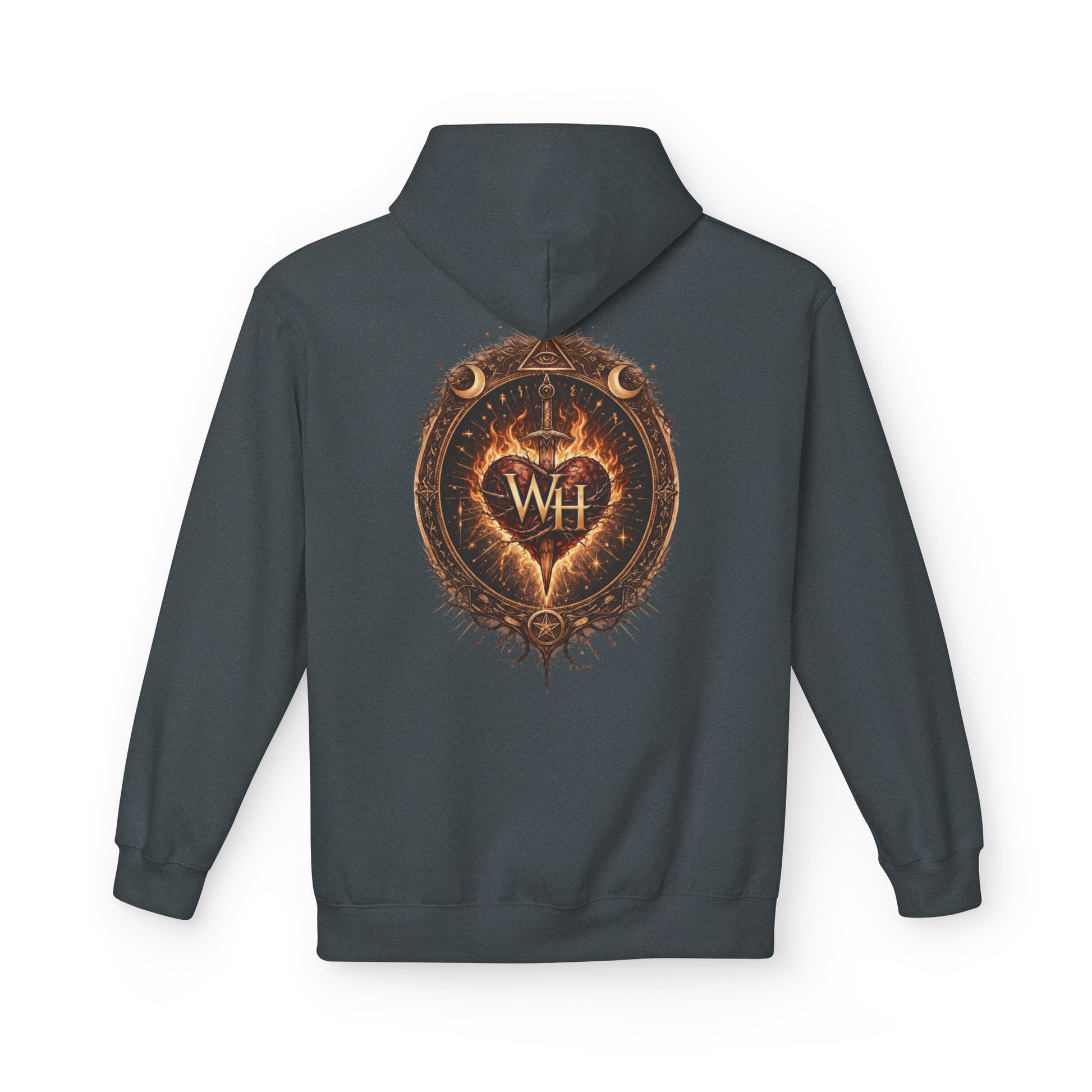 Dark Heather-colored pullover hoodie shown from the back, featuring a large circular “Wild Heart” mystical crest with a flaming heart, sword, crescent moons, stars, and “WH” monogram in warm brown and orange tones.