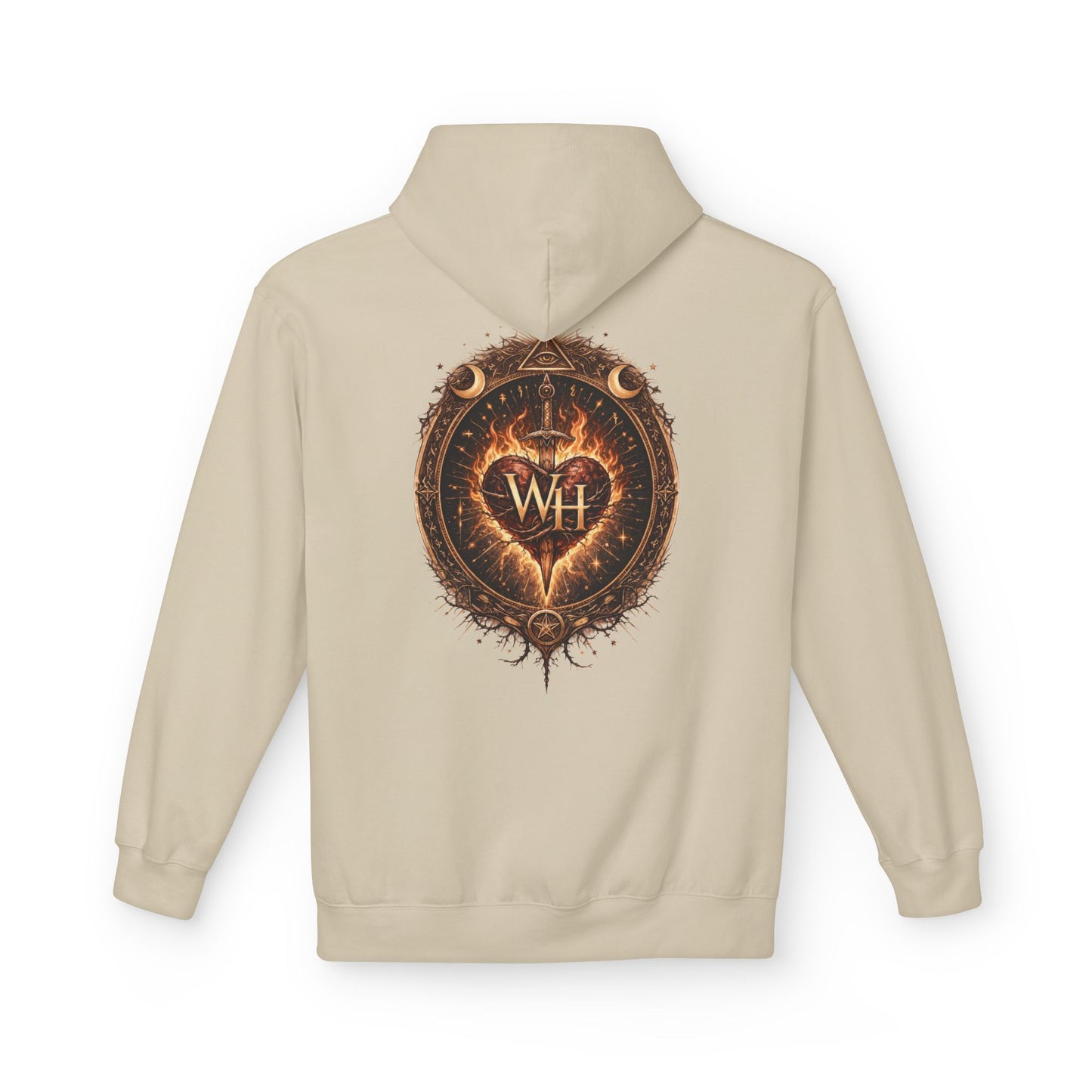 Sand-colored pullover hoodie shown from the back, featuring a large circular “Wild Heart” mystical crest with a flaming heart, sword, crescent moons, stars, and “WH” monogram in warm brown and orange tones.