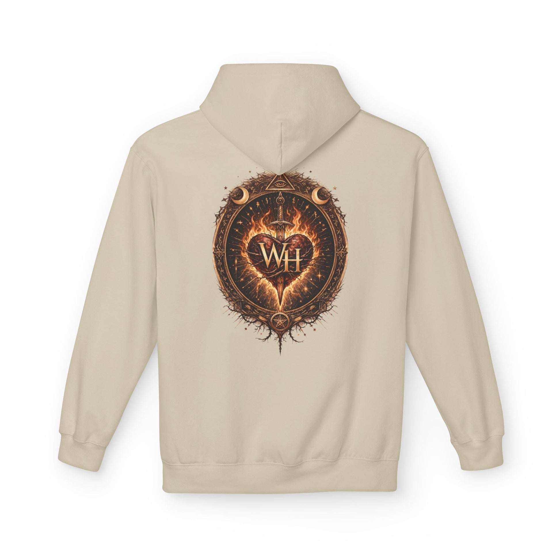 Sand-colored pullover hoodie shown from the back, featuring a large circular “Wild Heart” mystical crest with a flaming heart, sword, crescent moons, stars, and “WH” monogram in warm brown and orange tones.