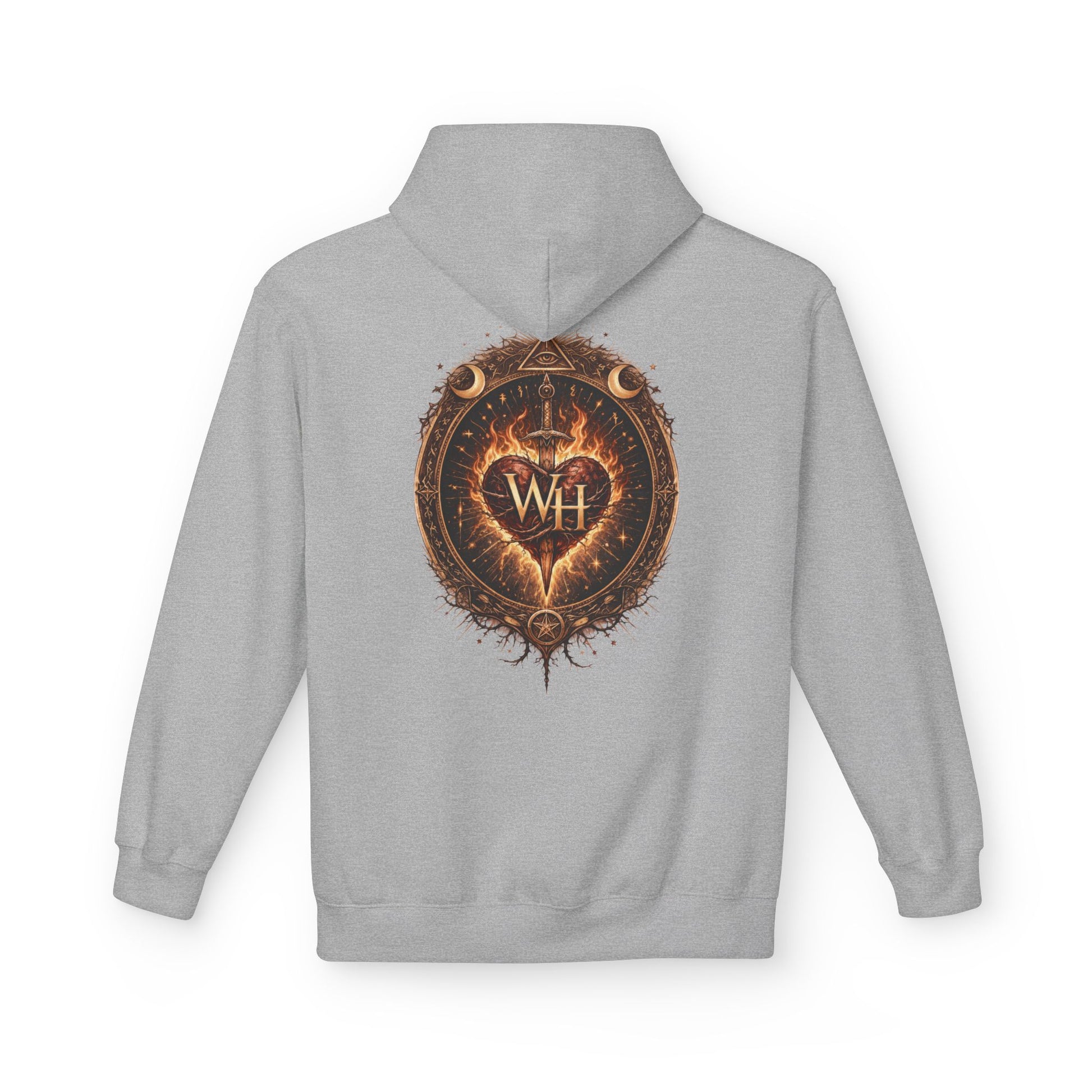 Sport Grey-colored pullover hoodie shown from the back, featuring a large circular “Wild Heart” mystical crest with a flaming heart, sword, crescent moons, stars, and “WH” monogram in warm brown and orange tones.