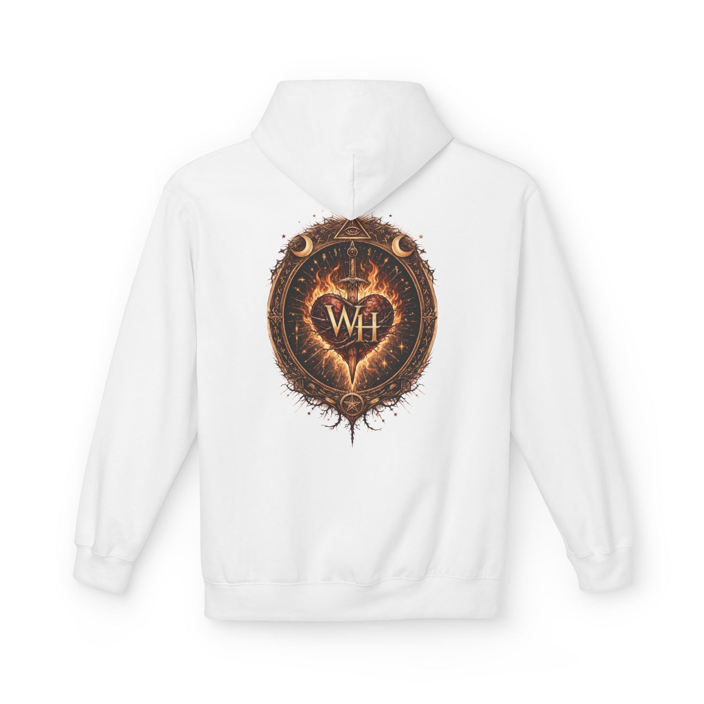 White pullover hoodie shown from the back, featuring a large circular “Wild Heart” mystical crest with a flaming heart, sword, crescent moons, stars, and “WH” monogram in warm brown and orange tones.