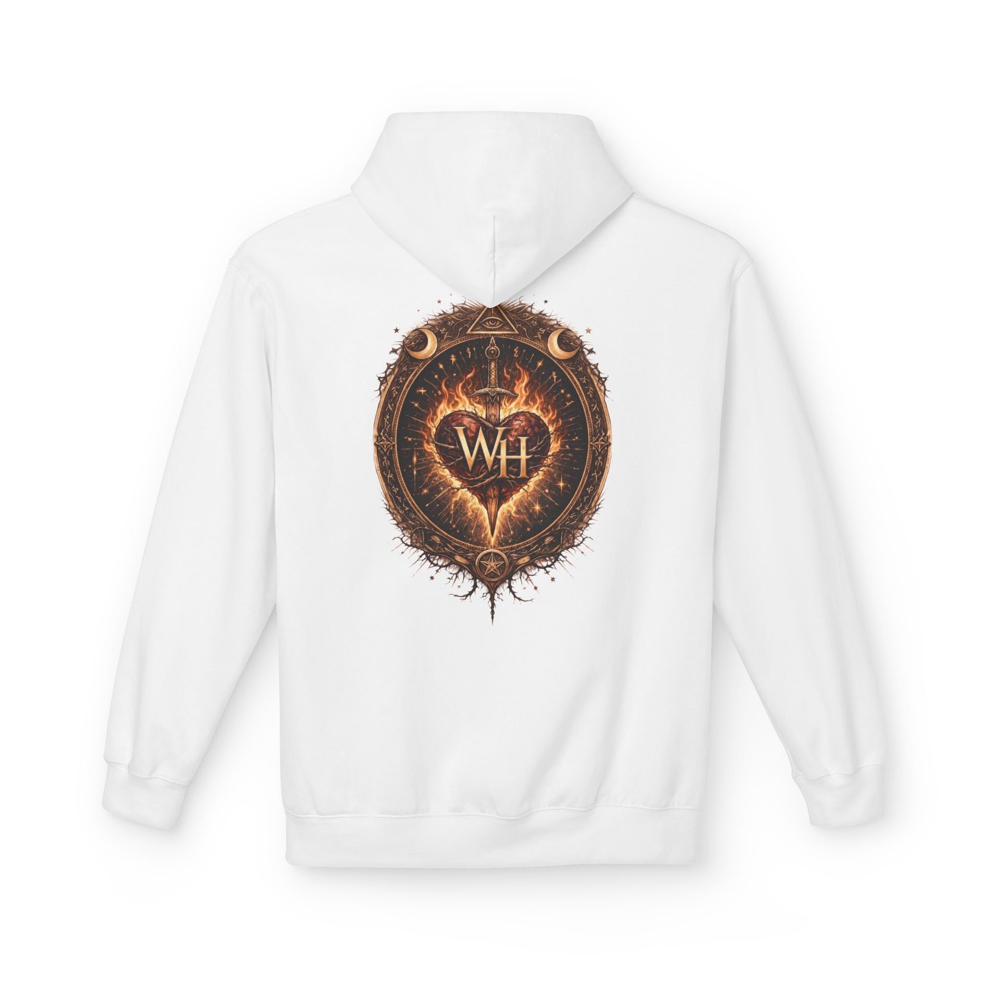 White pullover hoodie shown from the back, featuring a large circular “Wild Heart” mystical crest with a flaming heart, sword, crescent moons, stars, and “WH” monogram in warm brown and orange tones.