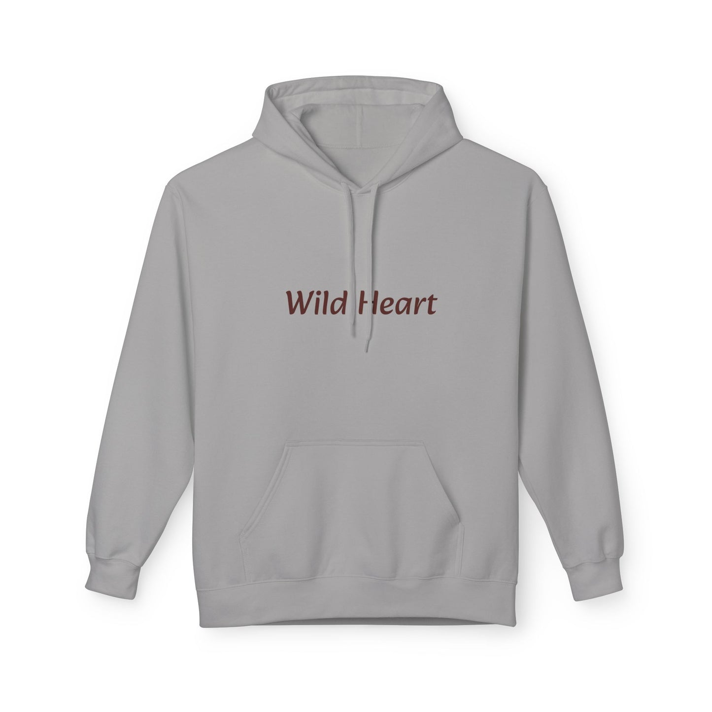 Cement-colored pullover hoodie with a front kangaroo pocket and burgundy “Wild Heart” text printed across the chest, shown against a white background.