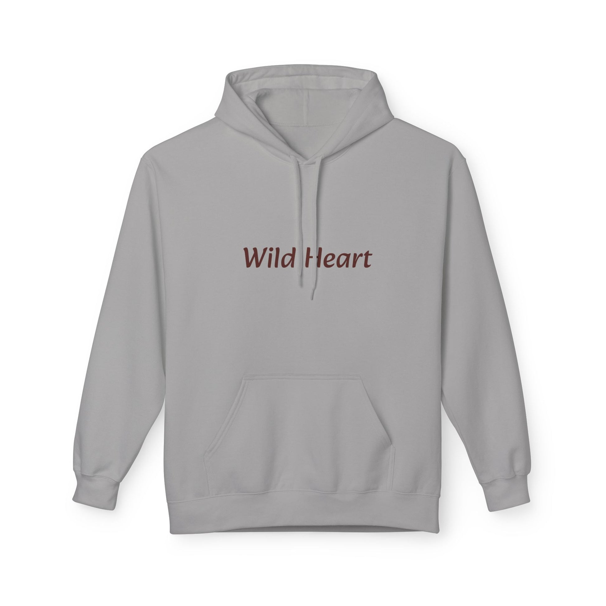 Cement-colored pullover hoodie with a front kangaroo pocket and burgundy “Wild Heart” text printed across the chest, shown against a white background.