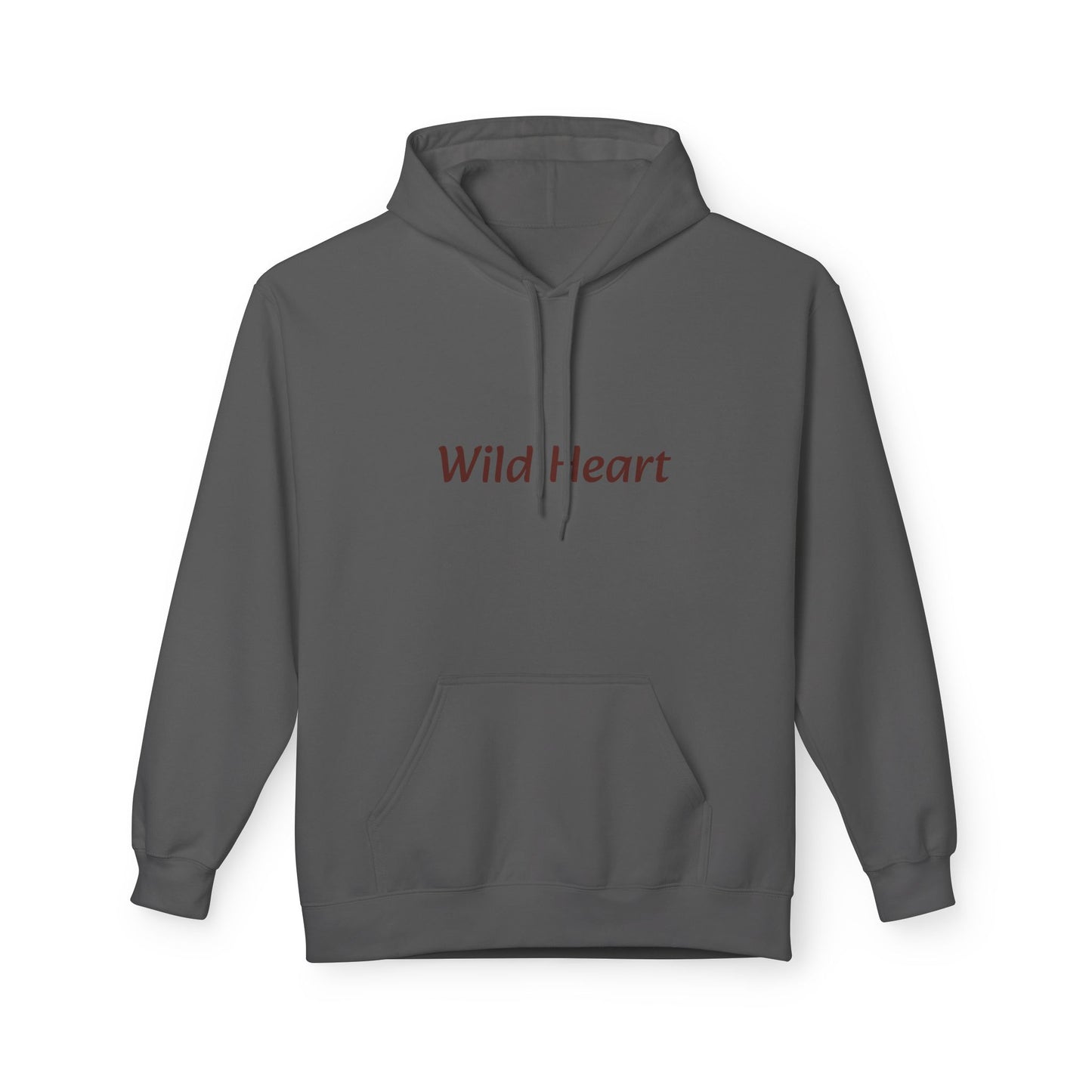 Charcoal colored pullover hoodie with front kangaroo pocket and burgundy “Wild Heart” text printed across the chest, shown against a white background.