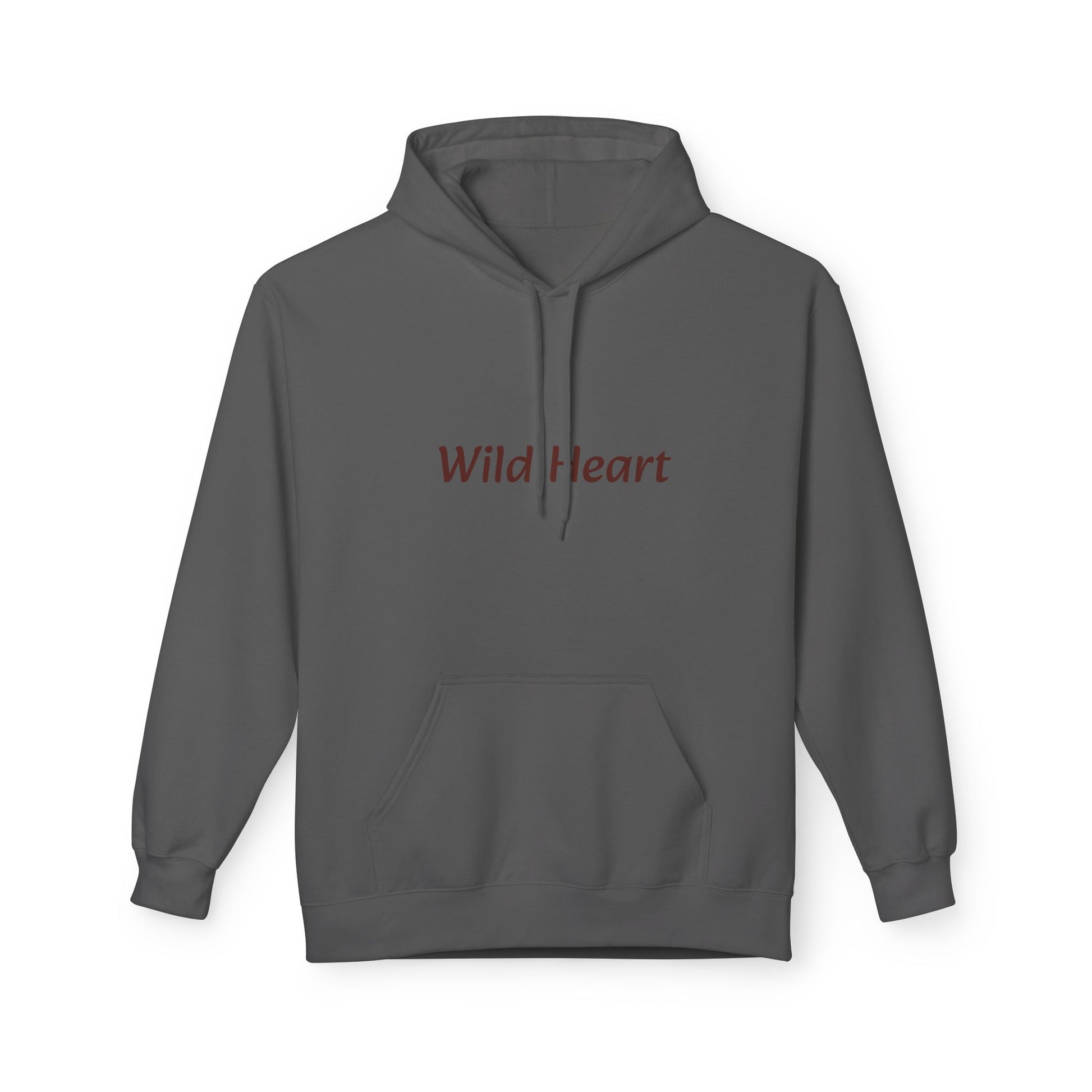 Charcoal colored pullover hoodie with front kangaroo pocket and burgundy “Wild Heart” text printed across the chest, shown against a white background.