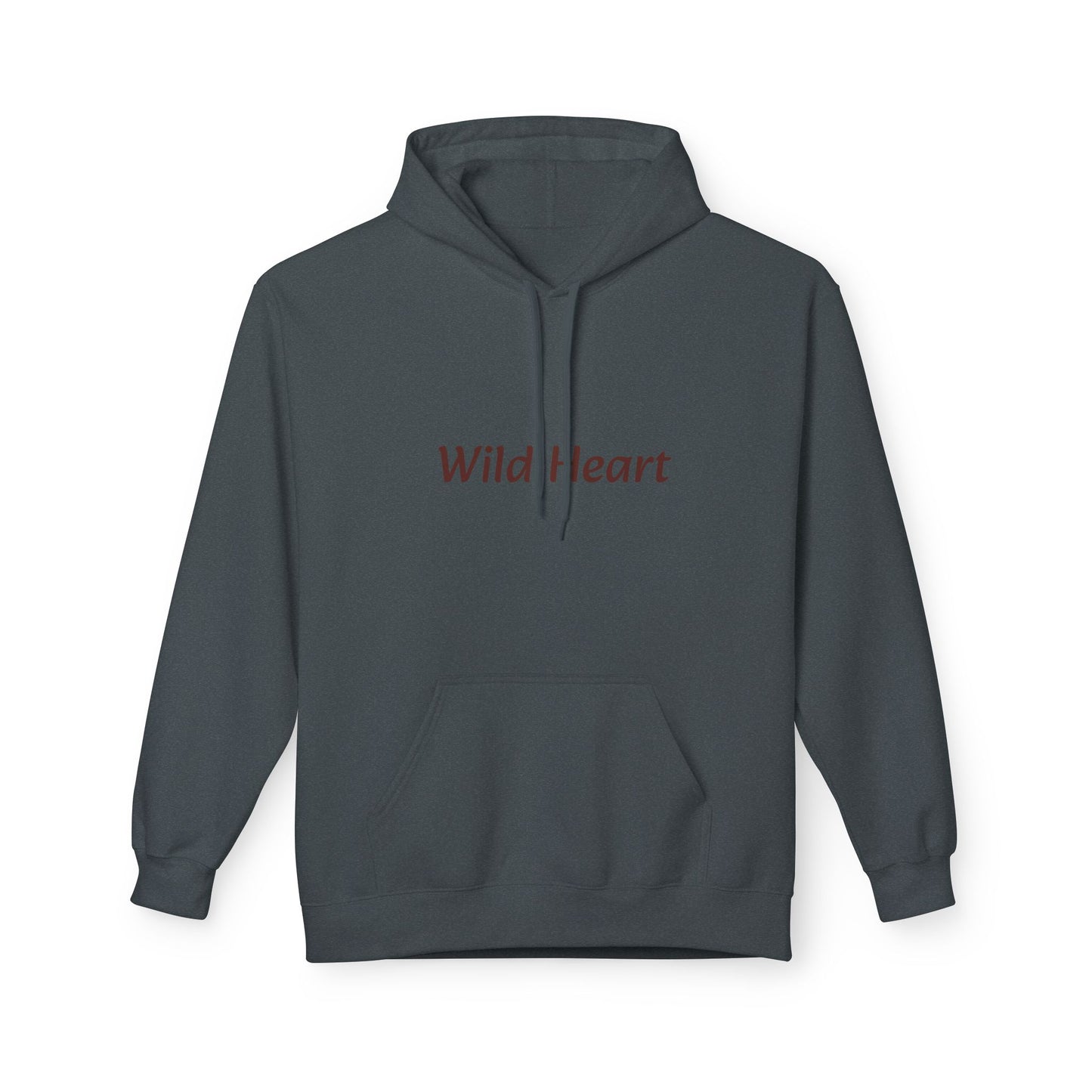 Dark Heather pullover hoodie with front kangaroo pocket and burgundy “Wild Heart” text printed across the chest, shown against a white background.