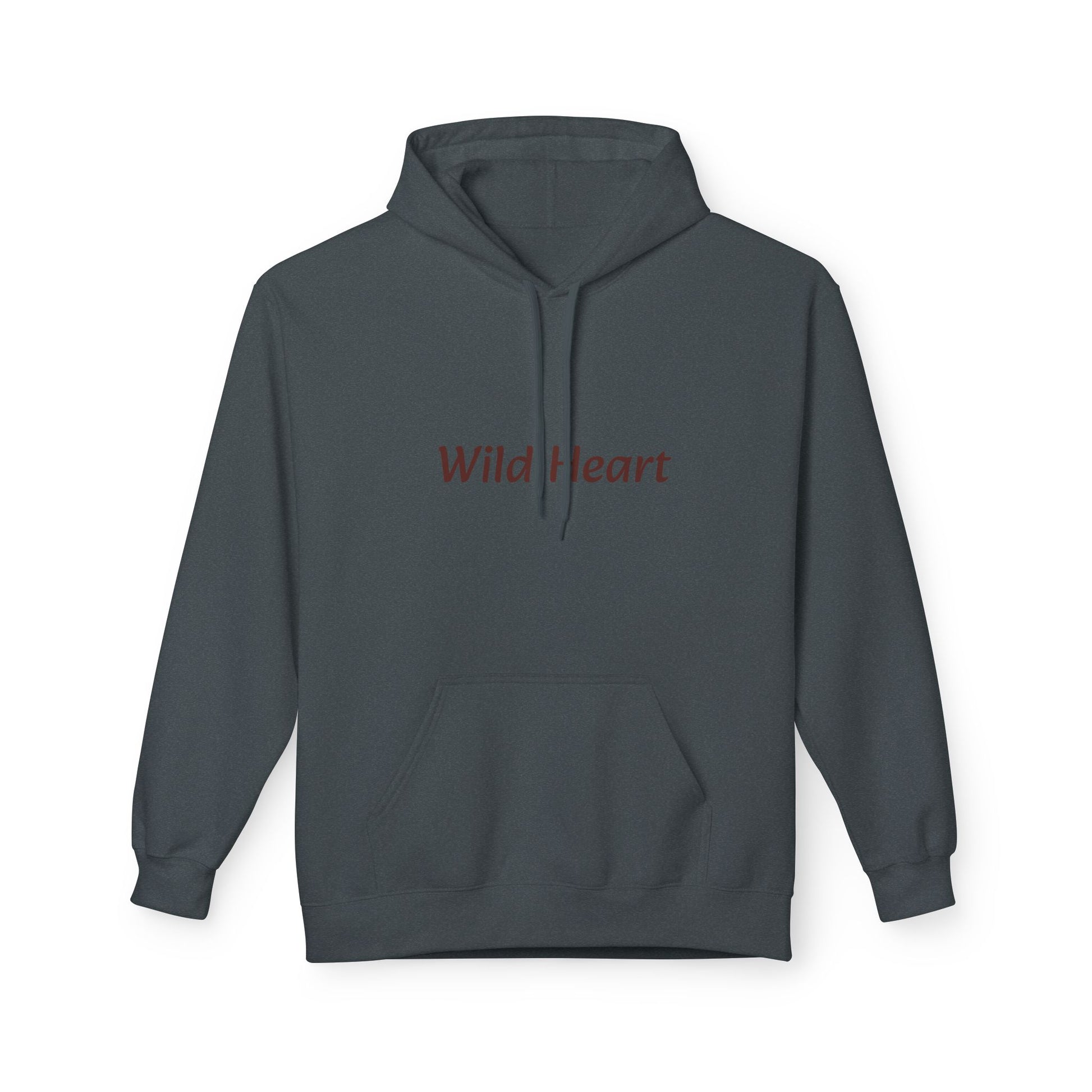 Dark Heather pullover hoodie with front kangaroo pocket and burgundy “Wild Heart” text printed across the chest, shown against a white background.