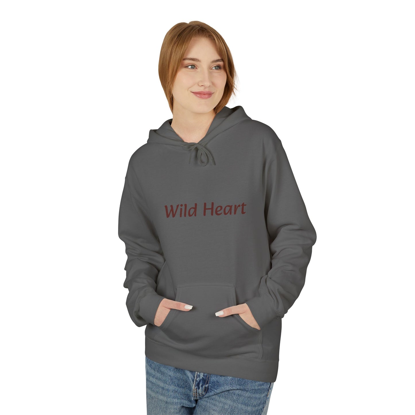 Model wearing a charcoal-colored pullover hoodie with burgundy “Wild Heart” text across the chest, drawstring hood, and front kangaroo pocket, shown against a white background.