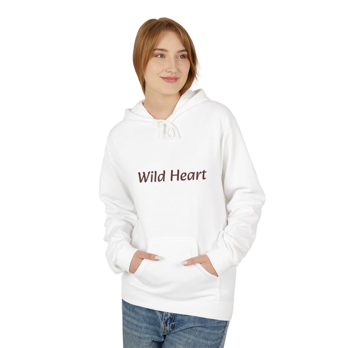 Model wearing a white pullover hoodie with burgundy “Wild Heart” text across the chest, drawstring hood, and front kangaroo pocket, shown against a white background.