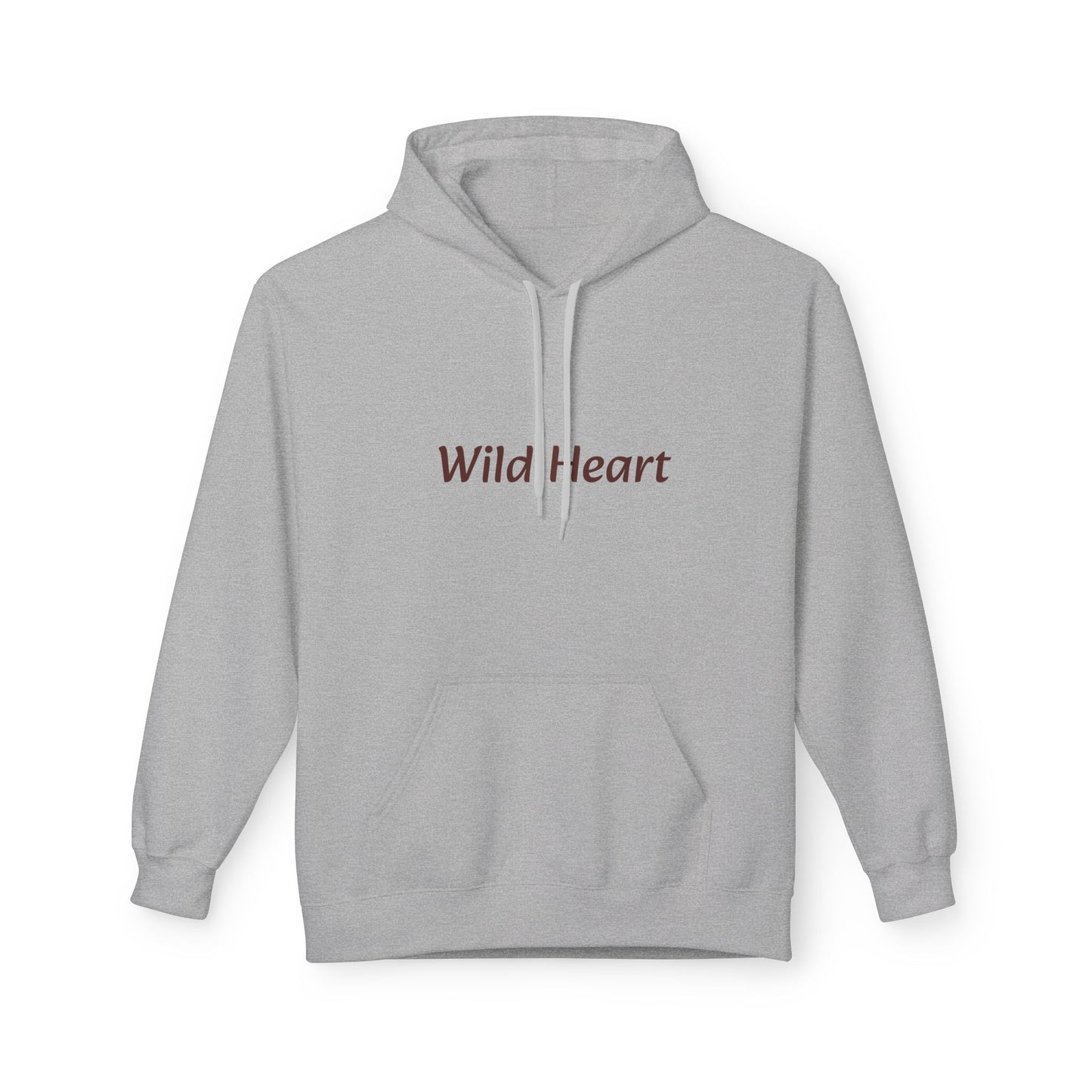 Sport grey pullover hoodie with front kangaroo pocket and burgundy “Wild Heart” text printed across the chest, shown against a white background.