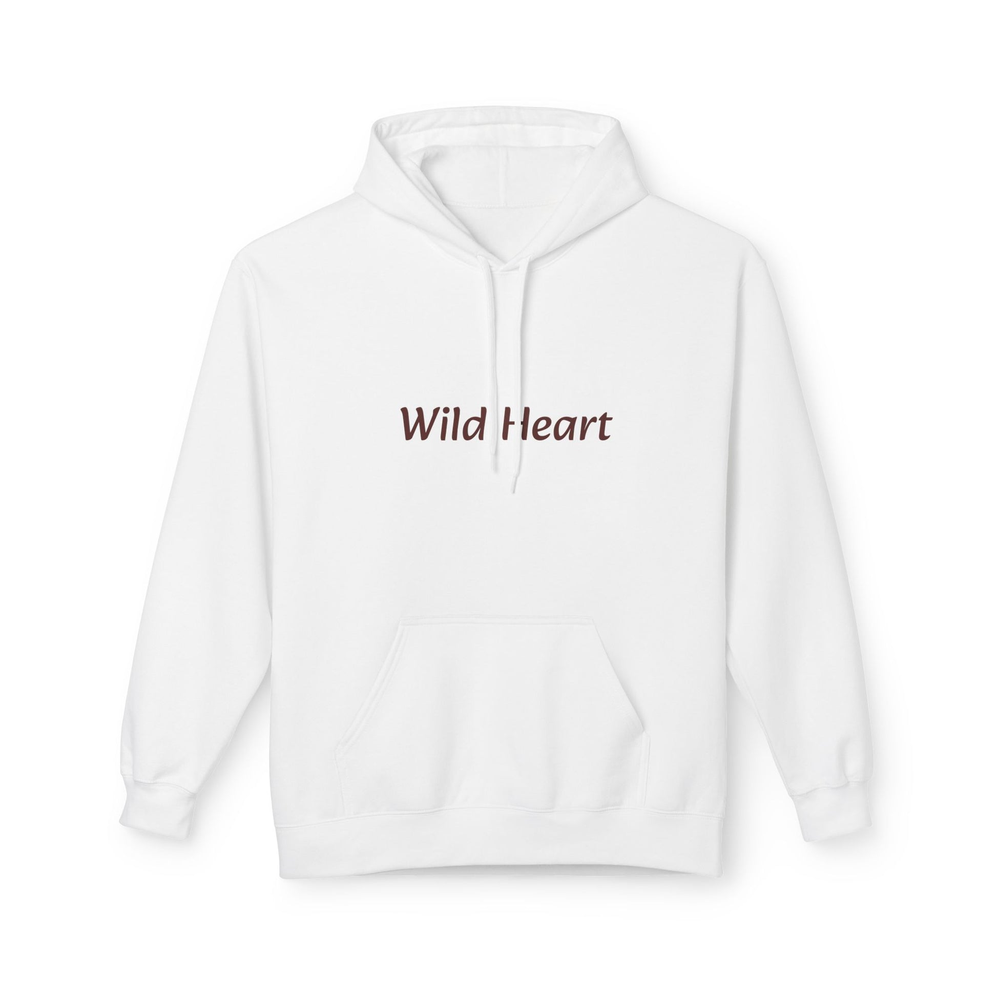 White pullover hoodie with front kangaroo pocket and burgundy “Wild Heart” text printed across the chest, shown against a white background.