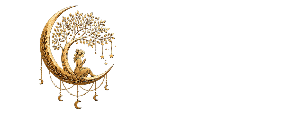 Golden crescent moon framing a seated reader and leafy tree, with stars and hanging moon ornaments.