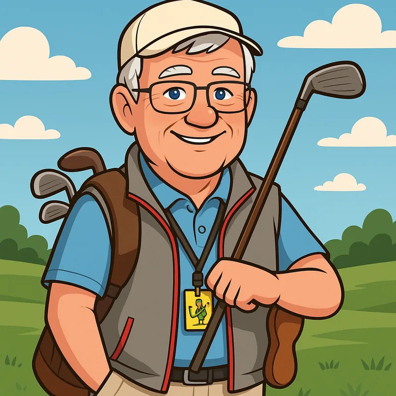 Illustrated golfer carrying a golf bag
