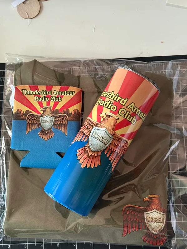 Finished Thunderbird Amateur Radio Club tumbler and matching accessory