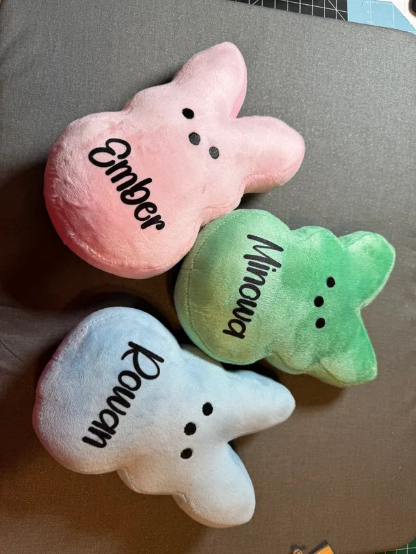 Three pastel bunny plush gifts personalized with names