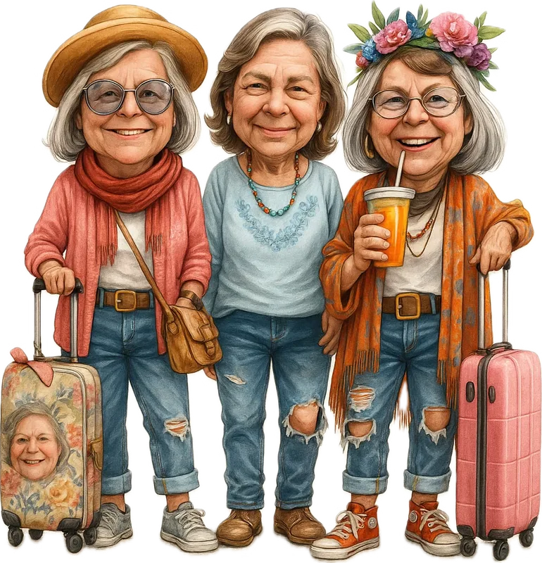 Illustrated portrait of three sisters with travel accessories
