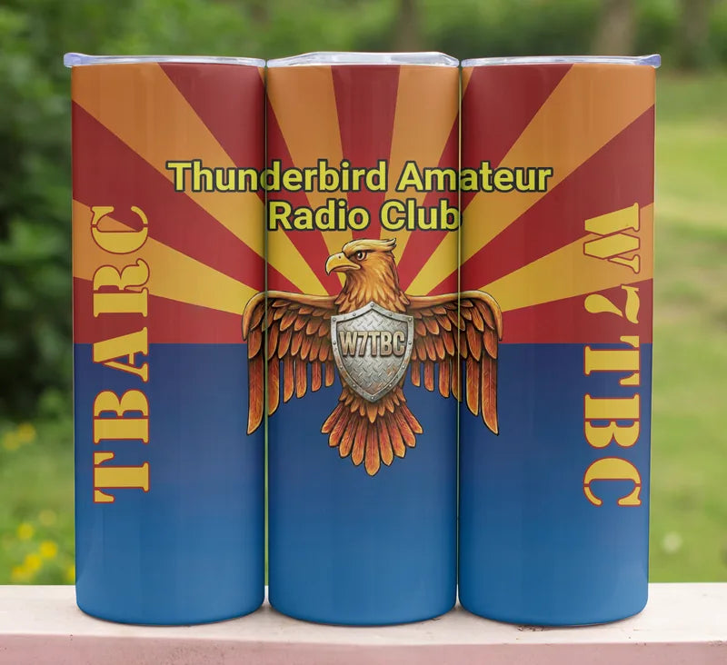 Presentation of Thunderbird Amateur Radio Club tumbler design from three sides