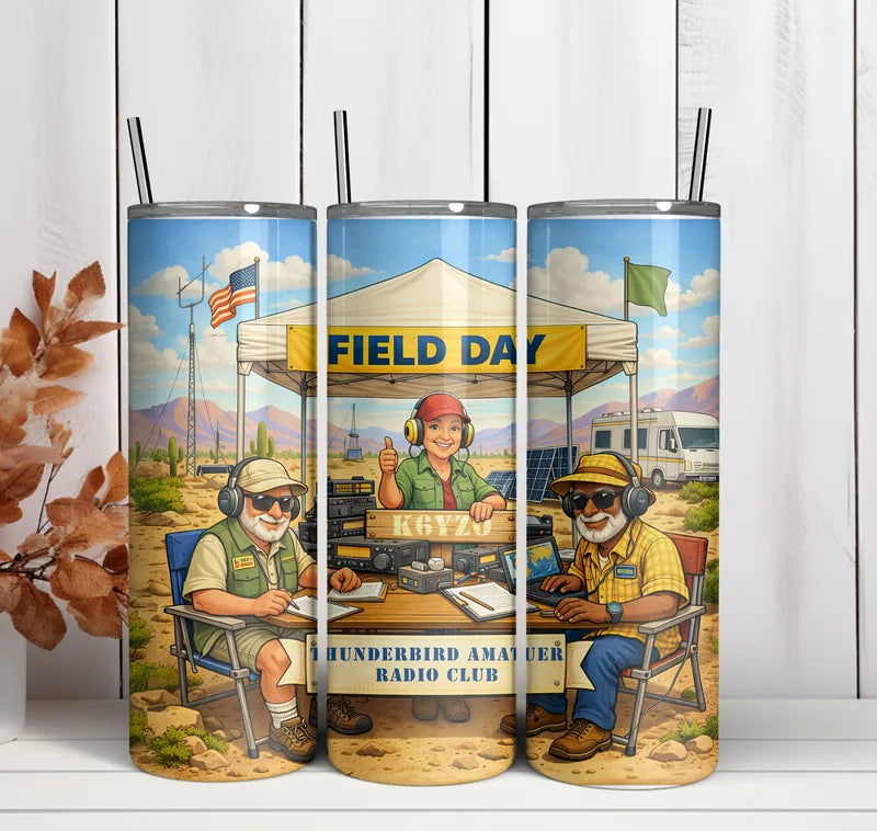 Presentation of a Field Day tumbler design from three sides