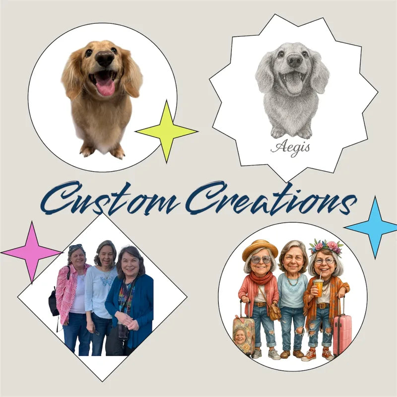 Photo-to-illustration examples of the three sisters and Aegis the dog