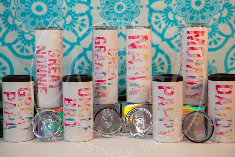 Coordinated colorful baby-shower tumblers and mugs with names