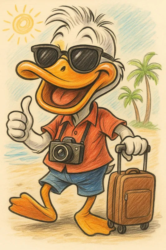 Illustrated duck traveler wearing sunglasses and carrying a camera