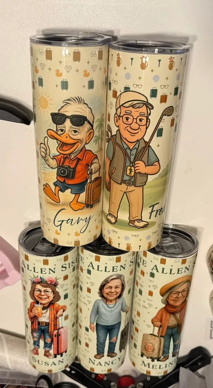 Five personalized tumblers showing the sisters, a duck character and a golfer